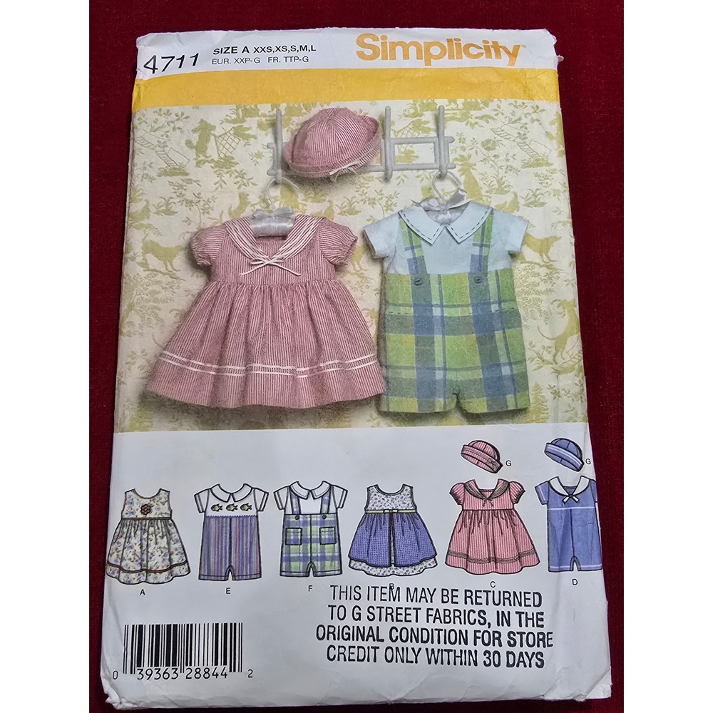 Simplicity 4711 Baby Dress Romper Hat Sewing Pattern Size XXS-L